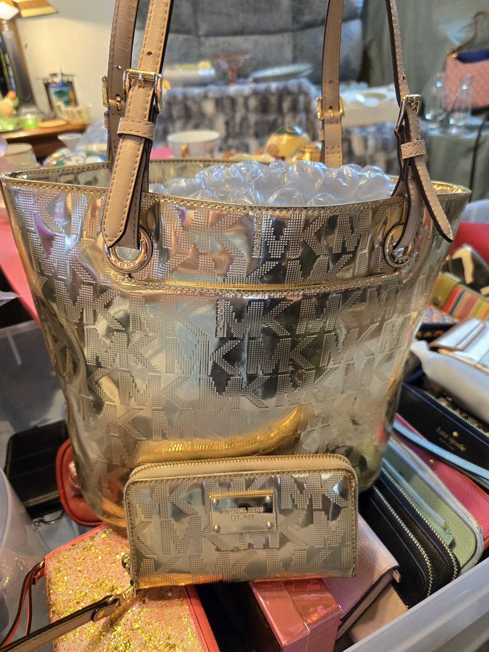 Michael Kors Metallic Gold MK Logo Tote with Matching Zip Wallet
